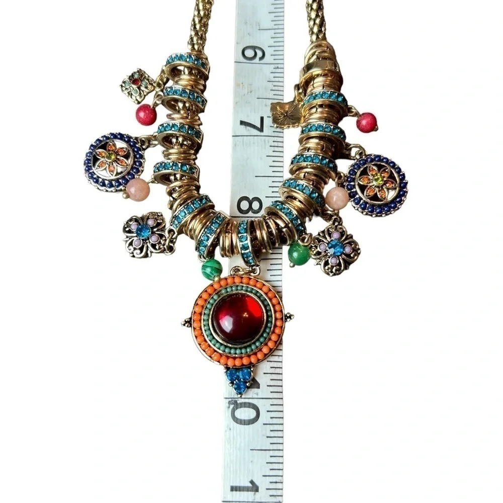 Gold Tone Necklace W/ Jewel Tone Beaded & Rhinestone Charms and Medallions - Picture 13 of 16